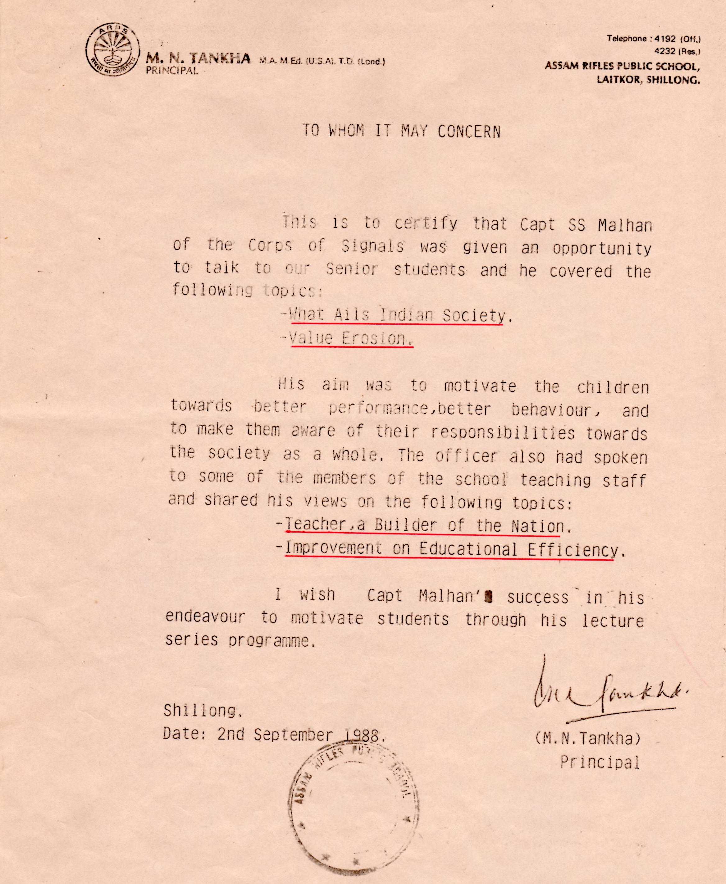 Certificate from Principal ARPS Shillong, India