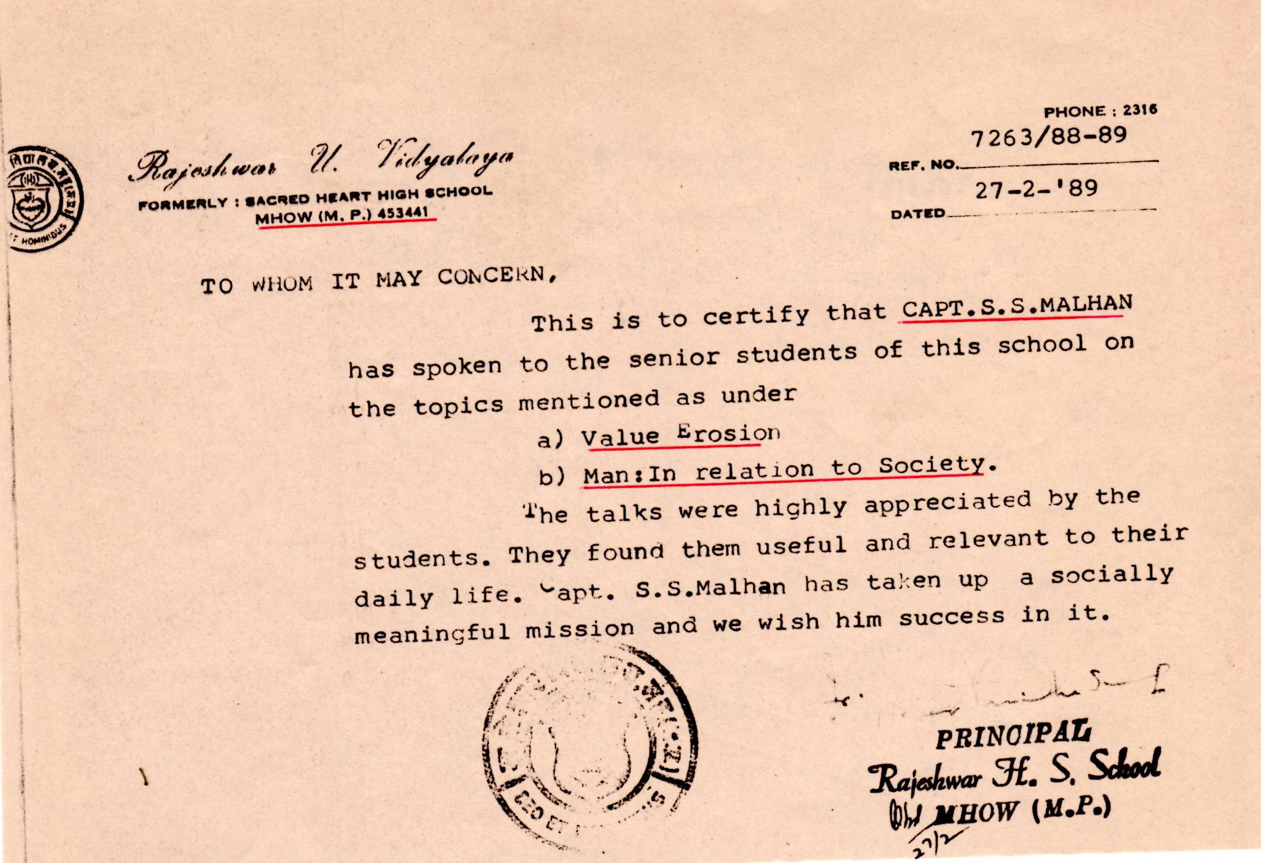 Certificate from Principal RHSS Mhow, India