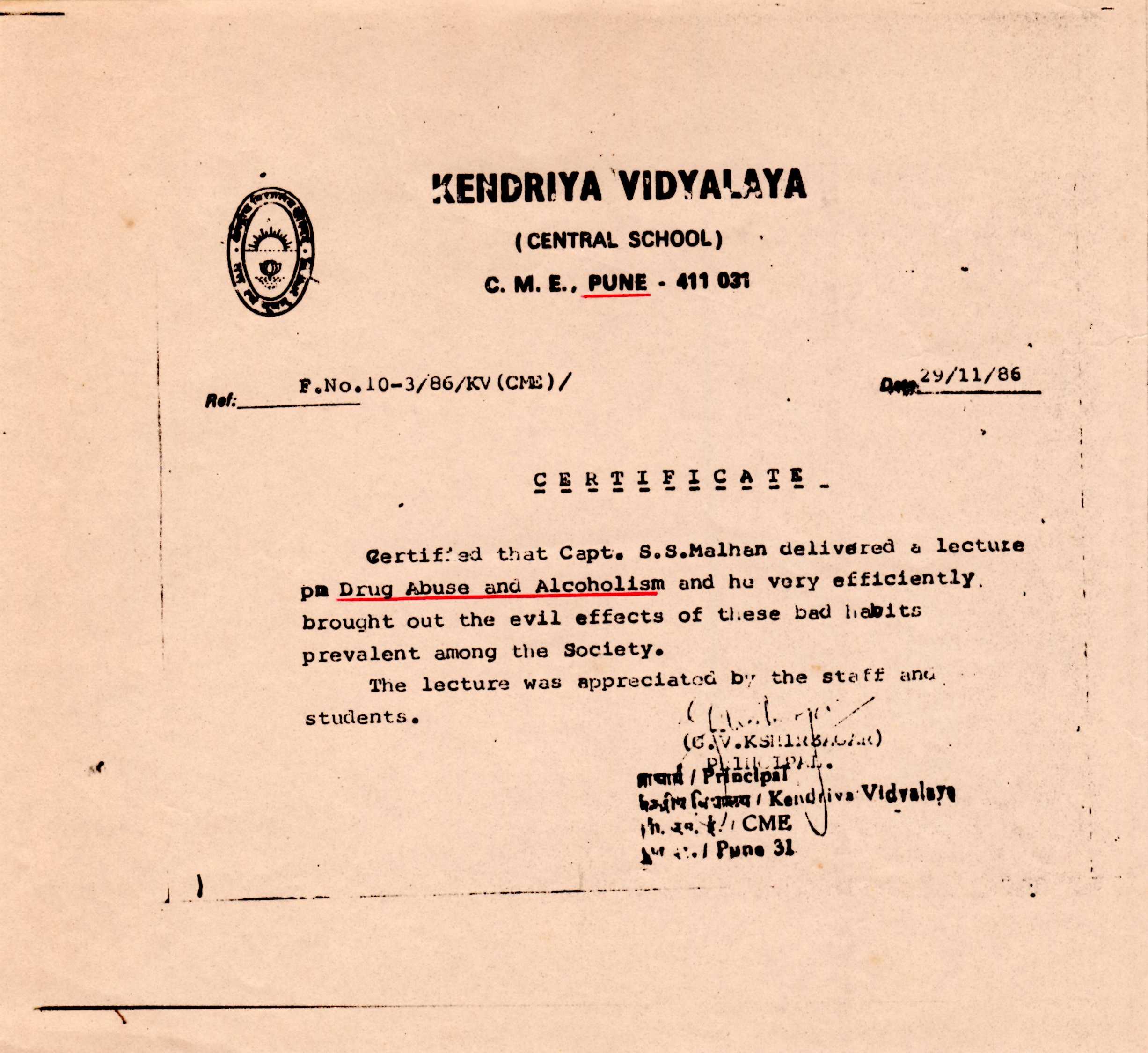 Certificate from Principal KV Pune, India