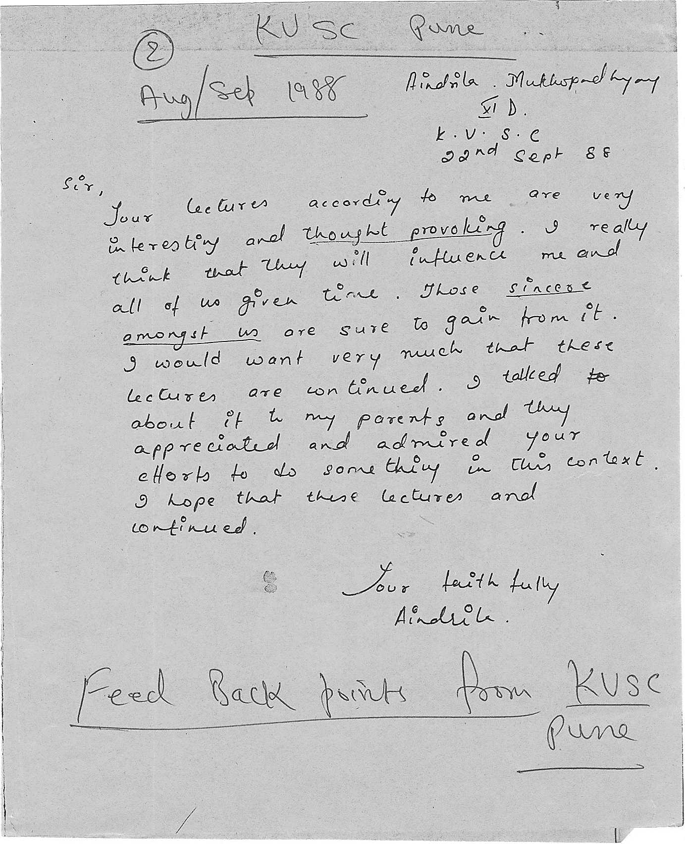 Feedback from 11th grade Student Aindrila